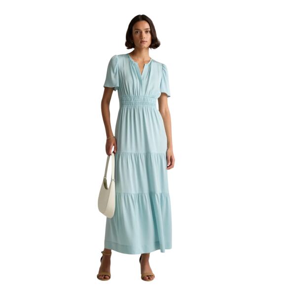 Quince Elegant Washable Stretch SILK Tiered Maxi Dress Aqua Pearl Blue Sz L# - Picture 3 of 4
